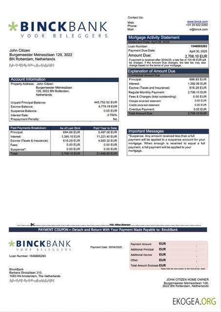 Modèle Word et PDF de relevé hypothécaire de BinckBank aux Pays , Bas